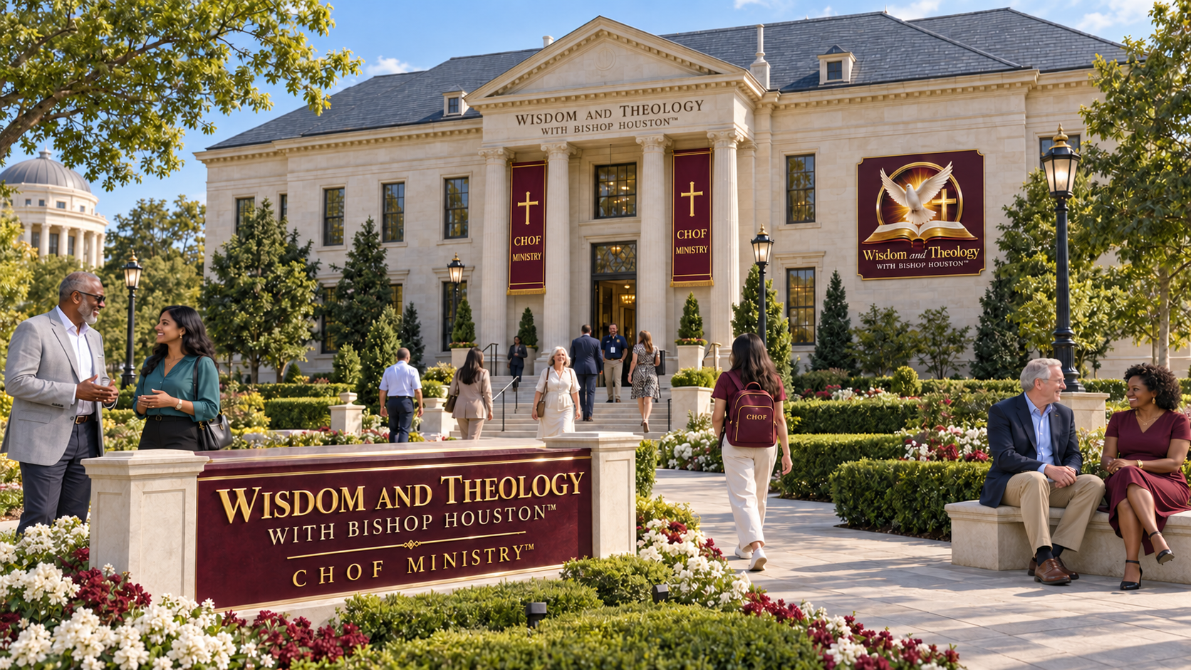 Wisdom and Theology hall with matching burgundy and gold ministry banners, the program emblem, and visitors of different generations conversing and arriving