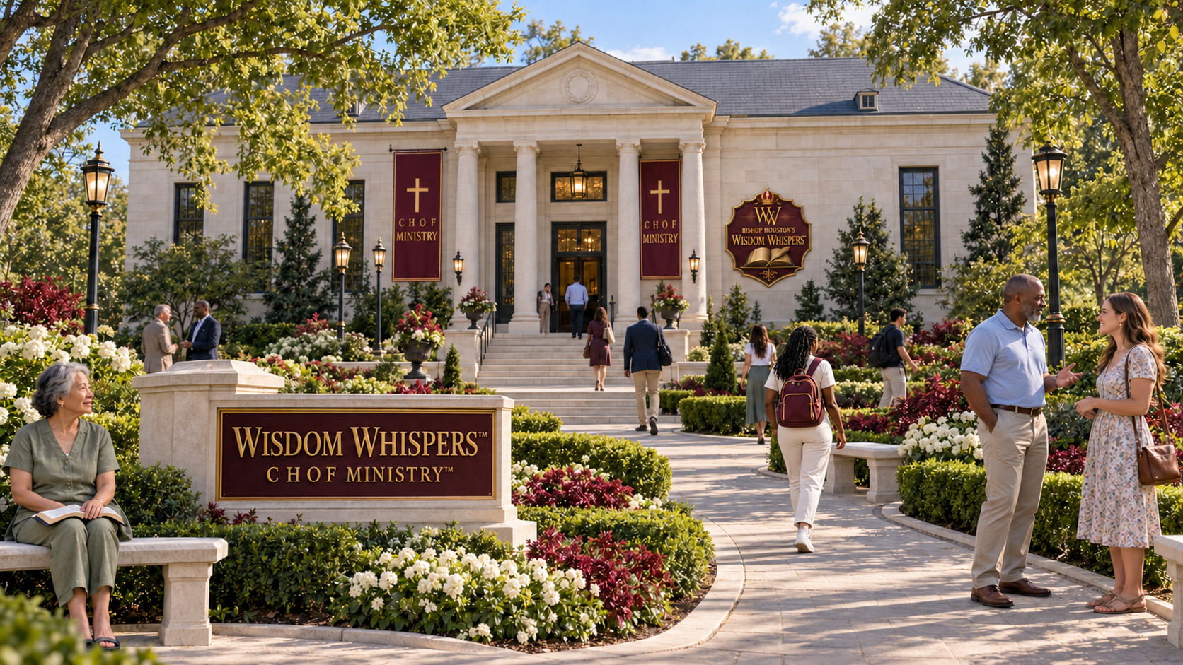 Wisdom Whispers hall with matching ministry banners, its crown and quill emblem, and visitors reading, conversing, and walking on the garden paths