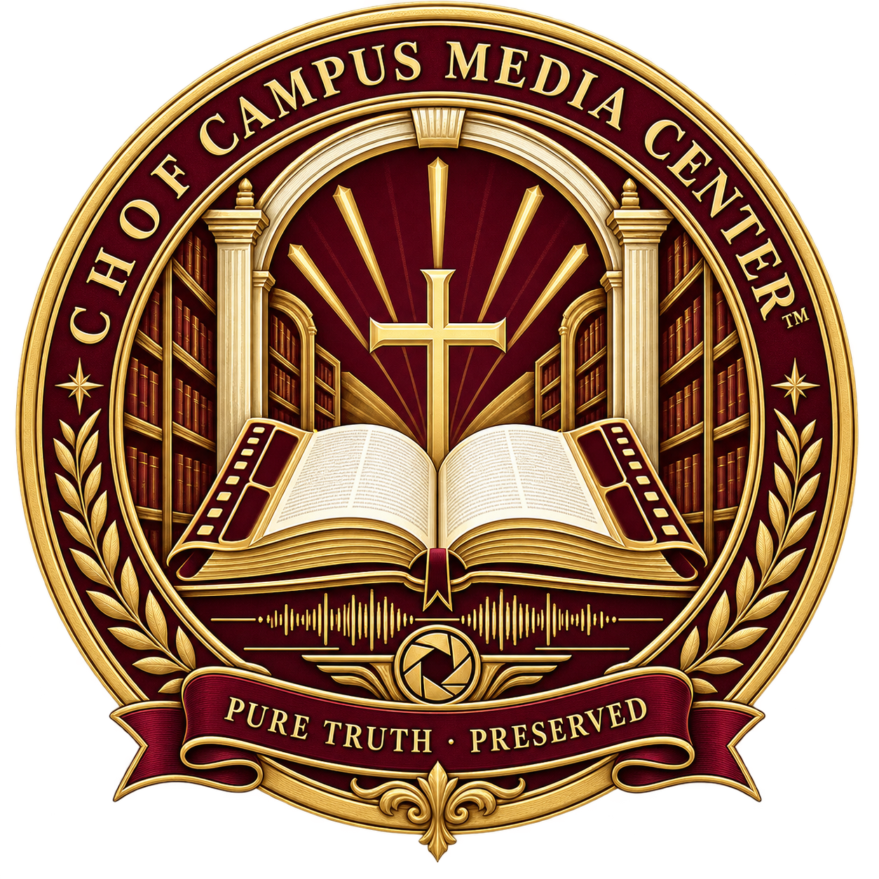 C H O F Campus Media Center emblem with cross, Bible, library, film, audio waveform, and production aperture