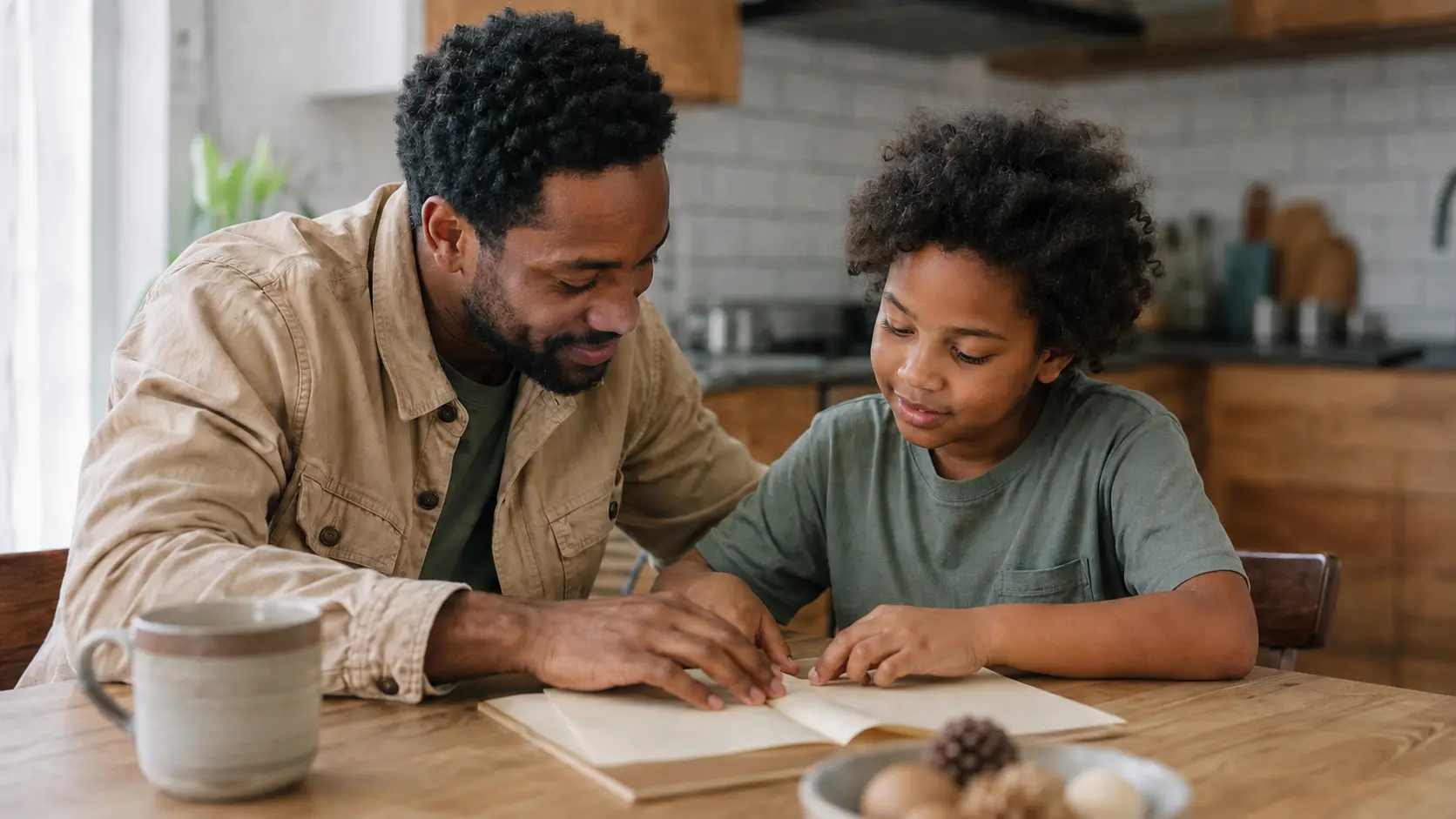 A parent and child learning together while an unused screen rests nearby