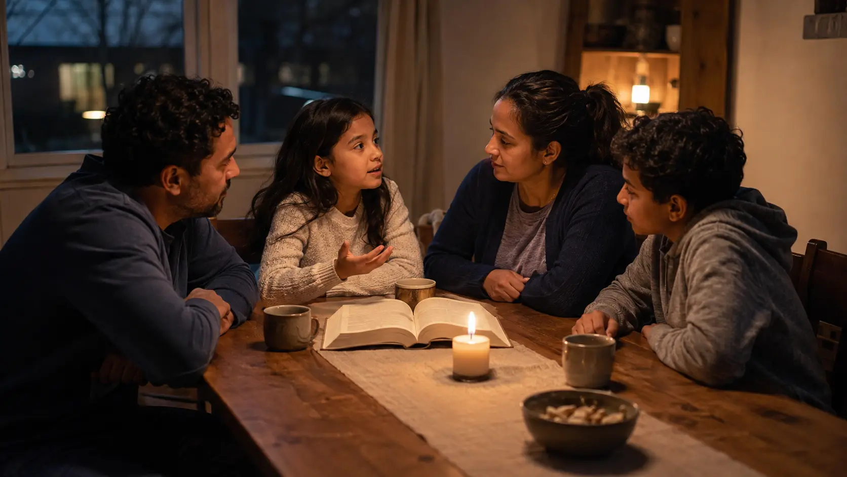 A diverse family sharing Scripture and prayer around a warm table