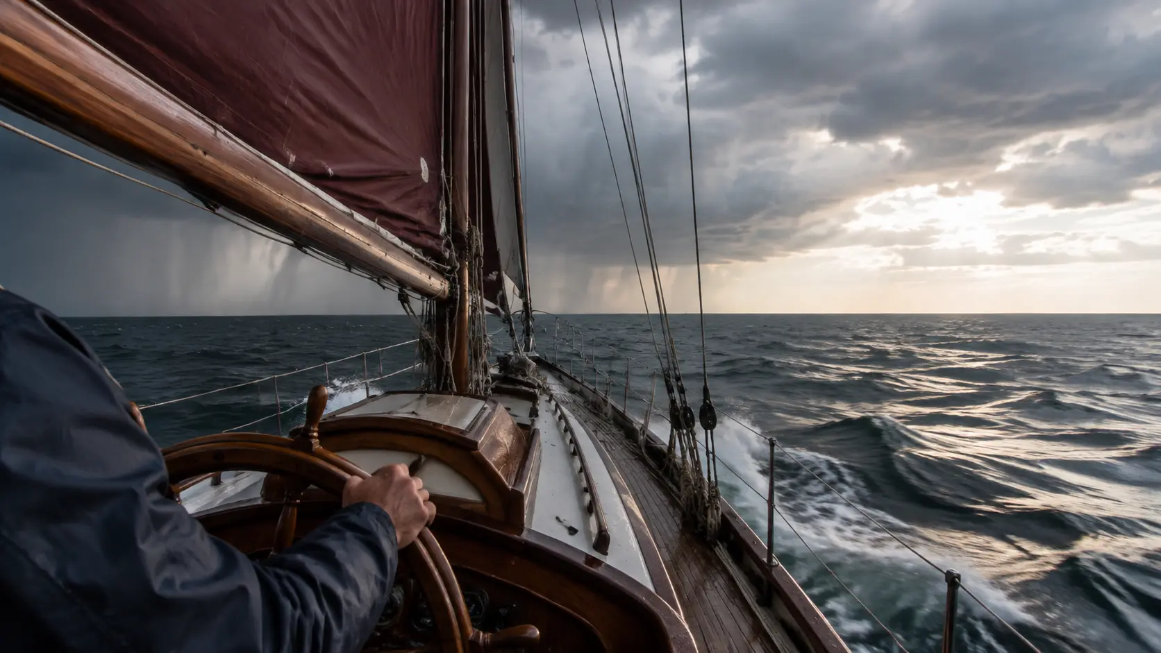 A ship steered steadily through changing weather toward clear sky