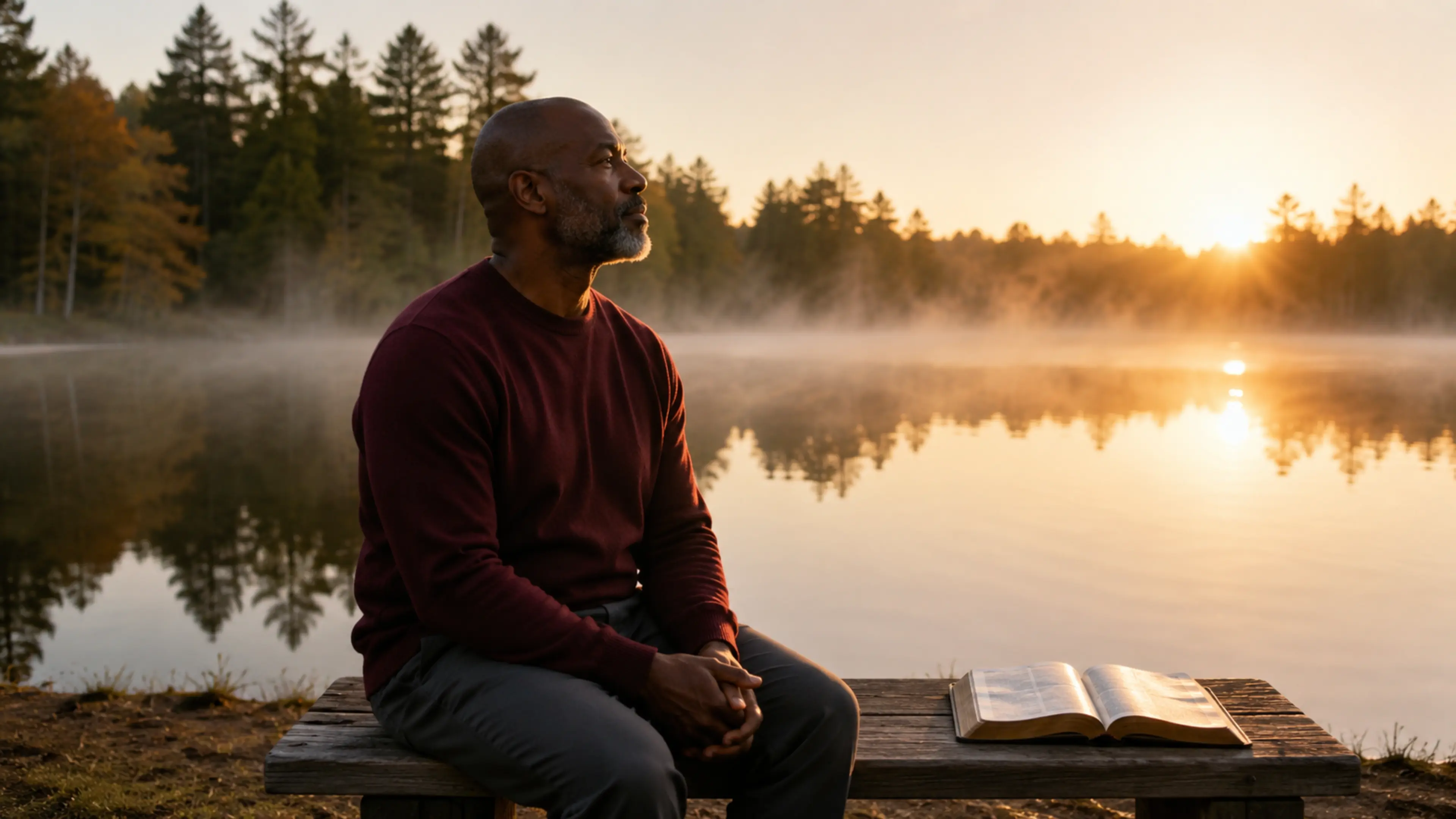 A contemplative believer seated beside still water at dawn with an open Bible nearby