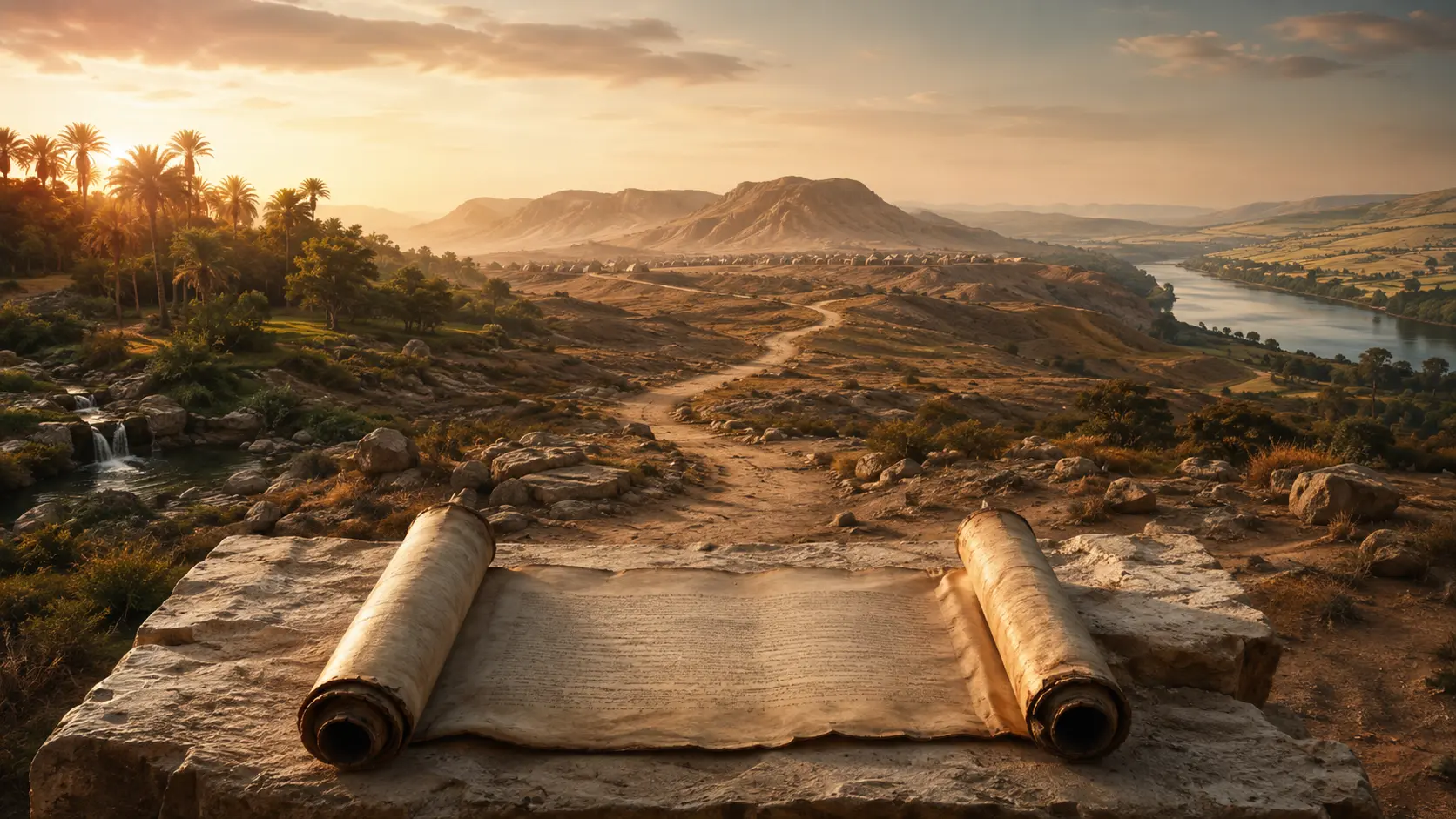 An ancient scroll beside a biblical path from an Eden-like dawn through the wilderness toward the Jordan