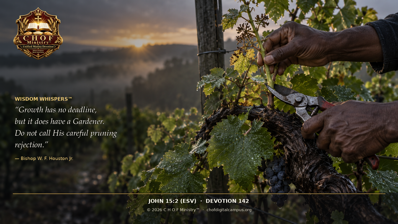 An experienced gardener carefully pruning a rain-washed grapevine at sunrise