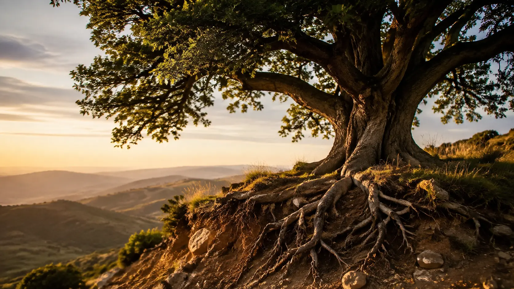 A mature deeply rooted tree standing on a hillside at golden hour