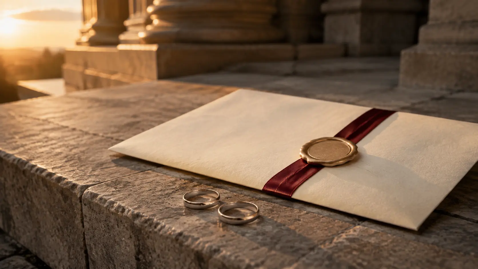 Two wedding bands beside a signed blank-edged covenant document on a strong stone foundation