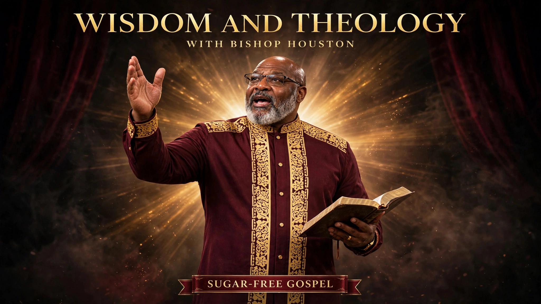 Bishop Houston teaching with an open Bible in burgundy and gold — Wisdom and Theology with Bishop Houston™